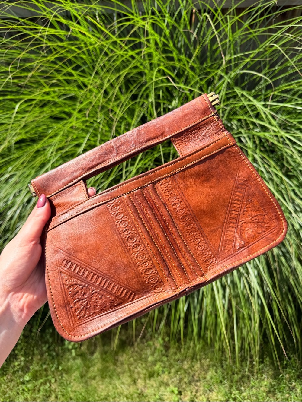 Vintage Made in Morocco Cognac Leather Embossed Top Handle Clutch Handbag 🇲🇦